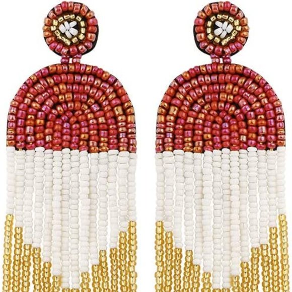 4.5" Modern Art Deco Oversized Post Earrings Red White Gold New Beaded - Picture 4 of 9